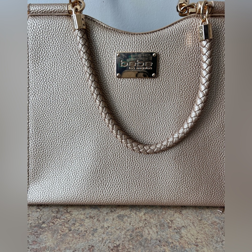 Bebe NWOT Soft Gold Faux Pebbled Leather Shoulder Bag with strap - Picture 6 of 11